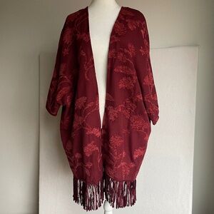 Chico’s Red Fringe Kimono Jacket Boho Western Floral Drape Open Front L/XL